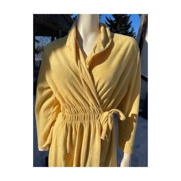 Vintage 70s Georgie Girl Gold Terrycloth Robe Double Ties Smocked Waist Sz M - Picture 2 of 14